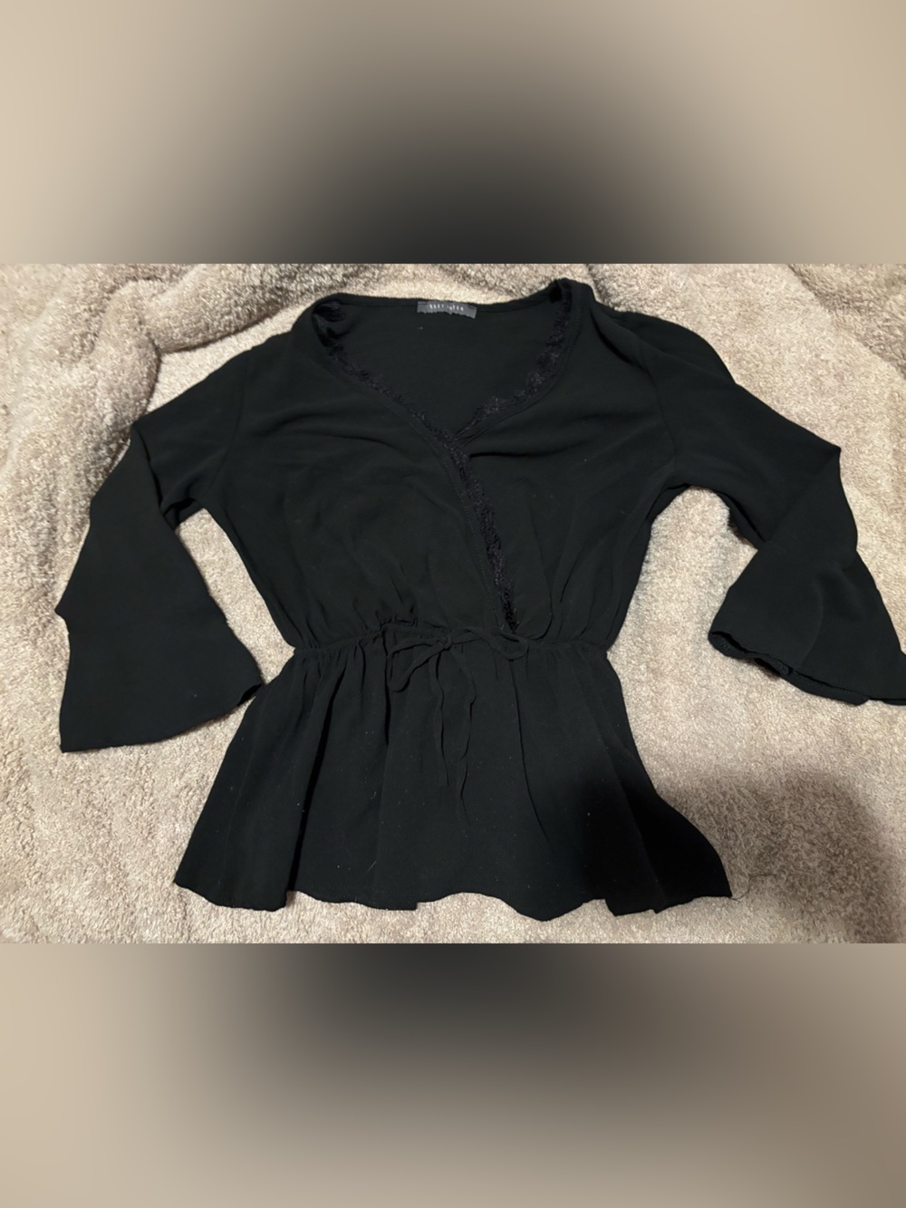 Suzy Shier Black Lace-Trim Peplum Wrap Blouse